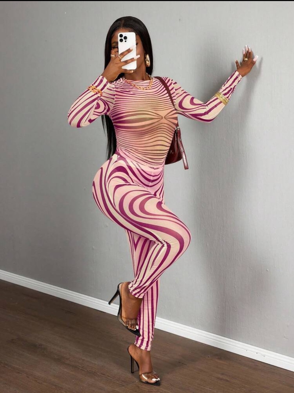 Long Sleeve Hot Pink Wave-Print Jumpsuit